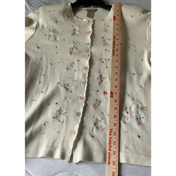 Vintage TEDDI Woman Short Sleeve Sweater Embroidered Angels Crystal Button Small - Picture 4 of 14